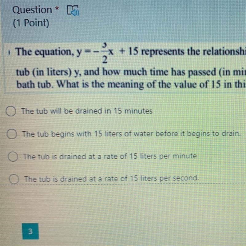 The equation, y = -3/2x + 15 represents the relationship between the amount of water-example-1