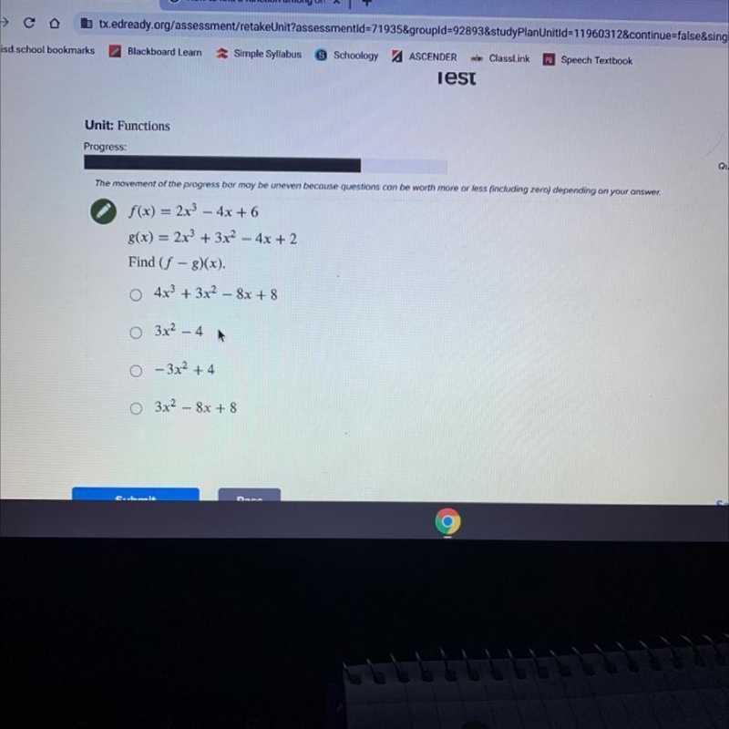 F(x) = 2x^3- 4x + 6 g(x) = 2x^3+ 3x^2-4x + 2 Find (f - g)(x).-example-1