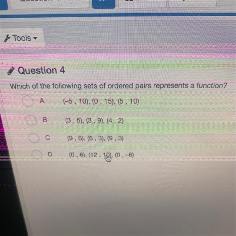 Which of the following sets of ordered pairs represents a function? A (510), (0.15). ( 510) (3.5) (3,9). (4.2) 22302 79717263393- D-example-1