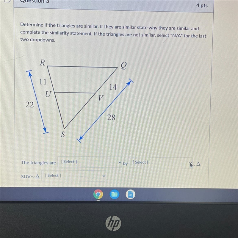 Determine if the triangles are similar. If they are similar state why they are similar-example-1