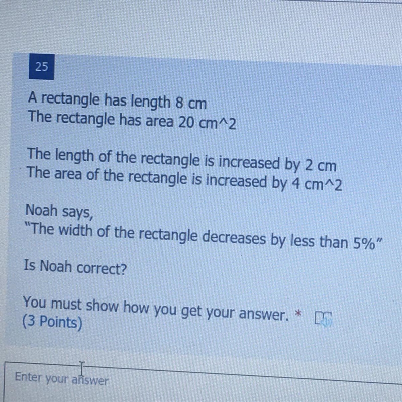 A rectangle has length 8cm the area is 20cm^2-example-1