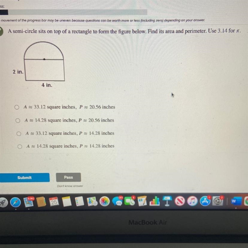 A semi-circle sits on top of a rectangle to form the figure below. Find its area and-example-1