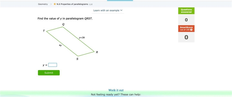 Properties of parallelograms. Its one question of an IXL assignment-example-1