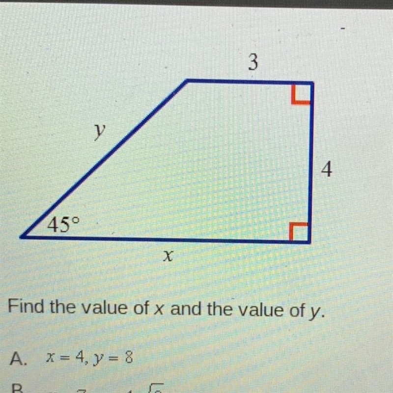 Find the value of x and the value of y. A. x = 4, y = 8 B.x=7, y=422 C. X= 4/3, y-example-1