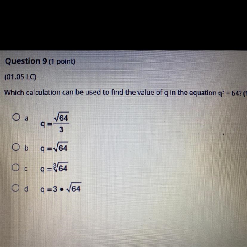 Which calculation can be used to find the value of q in the equation q2 = 64?-example-1