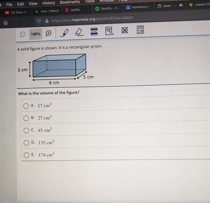 A solid figure is shown. It is a rectangular prism. 3 cm 5 cm 9 cm What is the volume-example-1