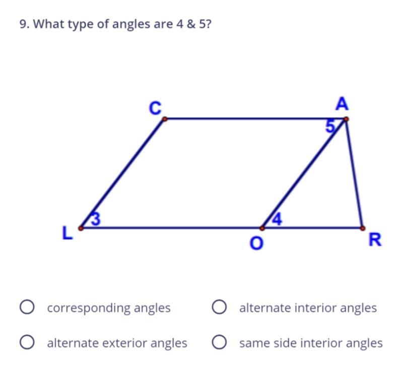 What type of angles are 4 and 5? Refer to the image attached pls-example-1