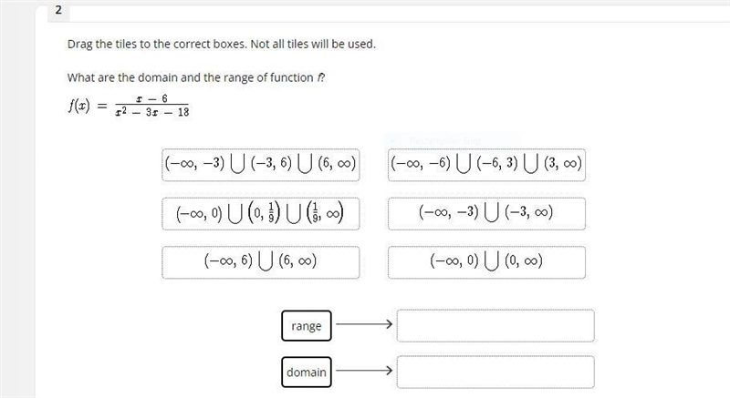 Drag the tiles to the correct boxes. Not all tiles will be used. What are the domain-example-1