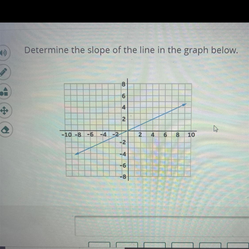 Determine the slope of the line in the graph below. 8 6 4 2 1 - 10 -8 -6 2 4 6 5 8 10 -4 --2 -2 -4 -6 -81-example-1