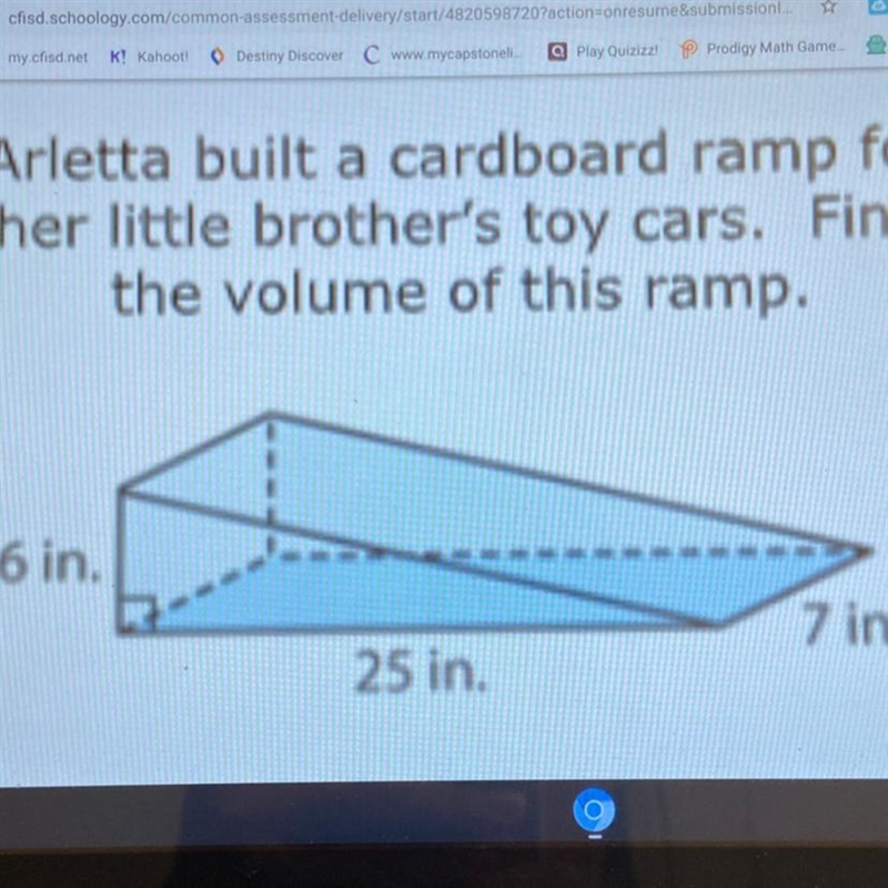 Arletta built a cardboard ramp for her little brother's toy cars. Find the volume-example-1