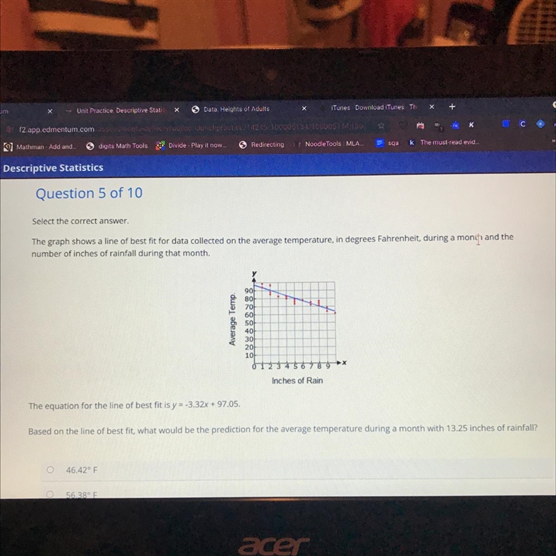 Question 5 of 10 Select the correct answer. The graph shows a line of best fit for-example-1