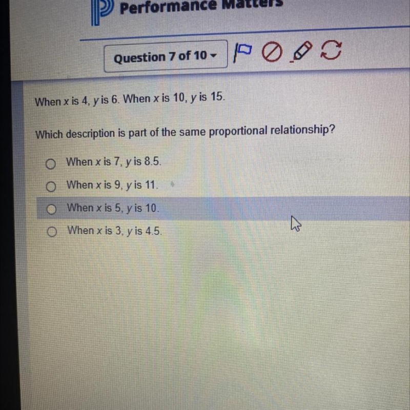 When x is 4, y is 6. When x is 10, y is 15. Which description is part of the same-example-1