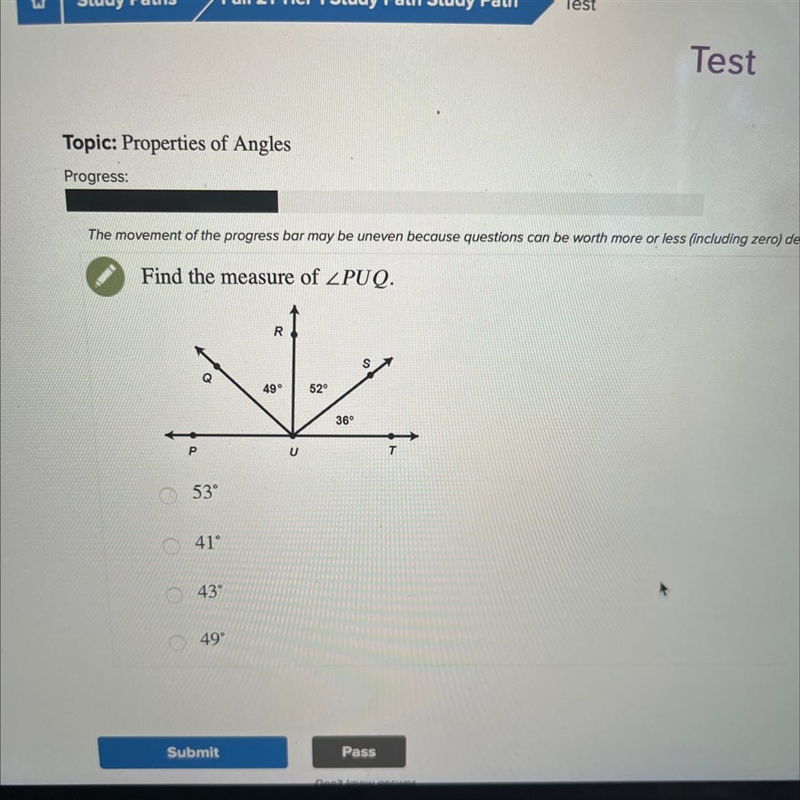 Find the measure of angle PUQ-example-1