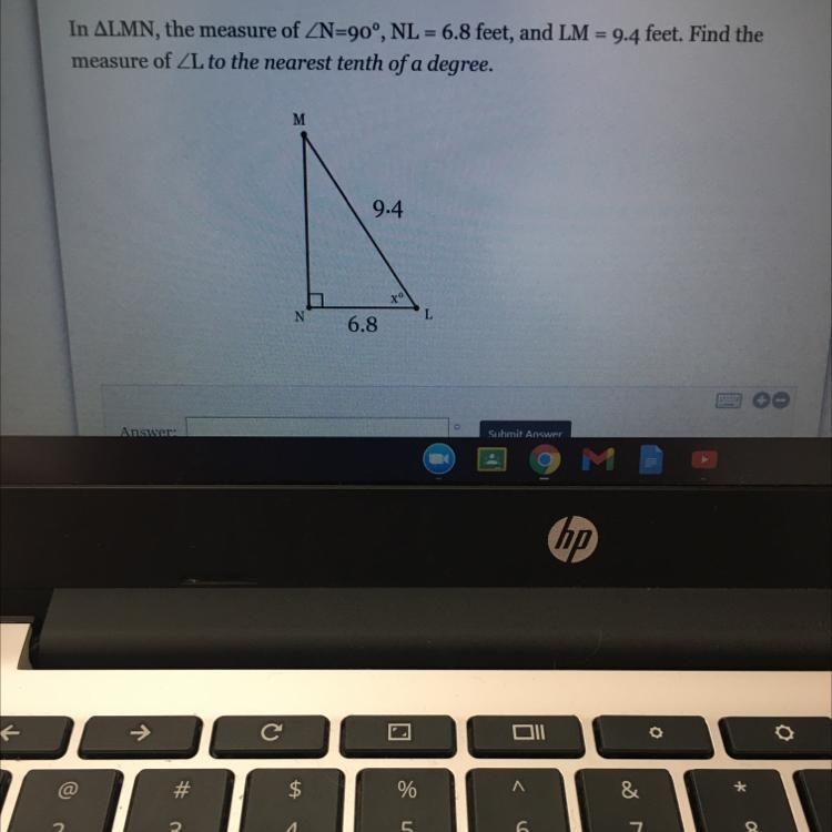 In ALMN, the measure of ZN=90°, NL = 6.8 feet, and LM = 9.4 feet. Find the measure-example-1