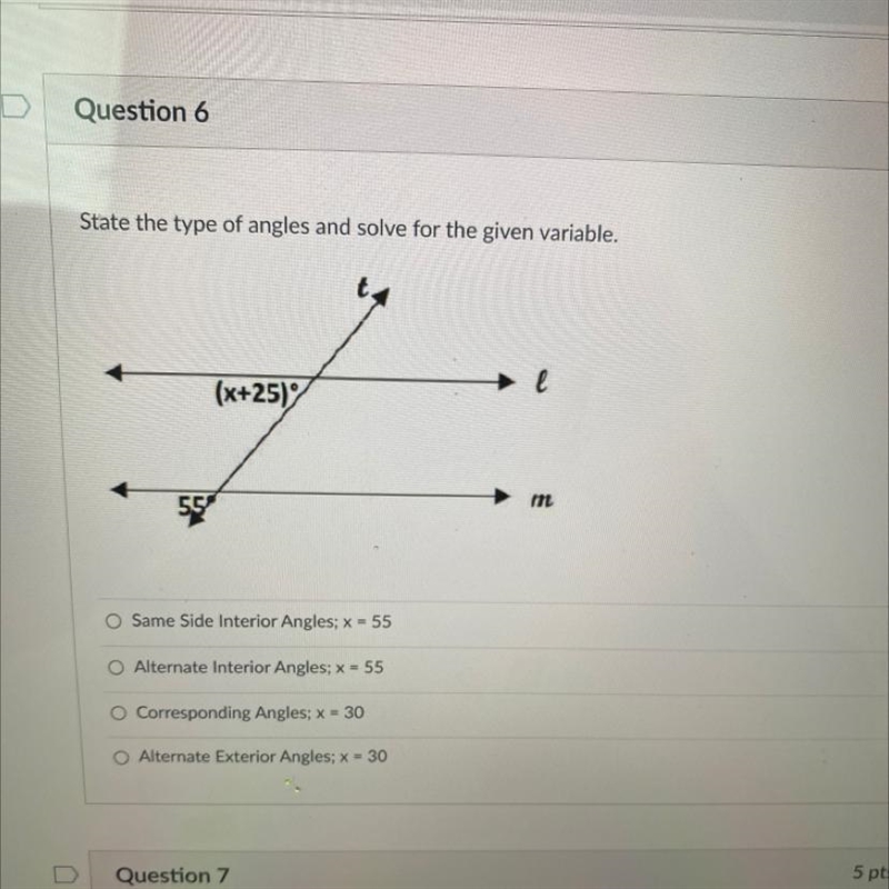 State the type of angles and solve for the given variable. е (x+25) m Same Side Interior-example-1