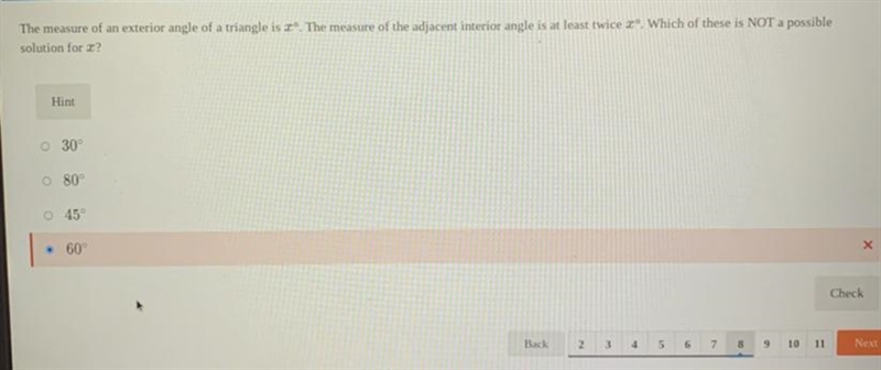 The measure of an exterior angle of a triangle is zº. The measure of the adjacent-example-1