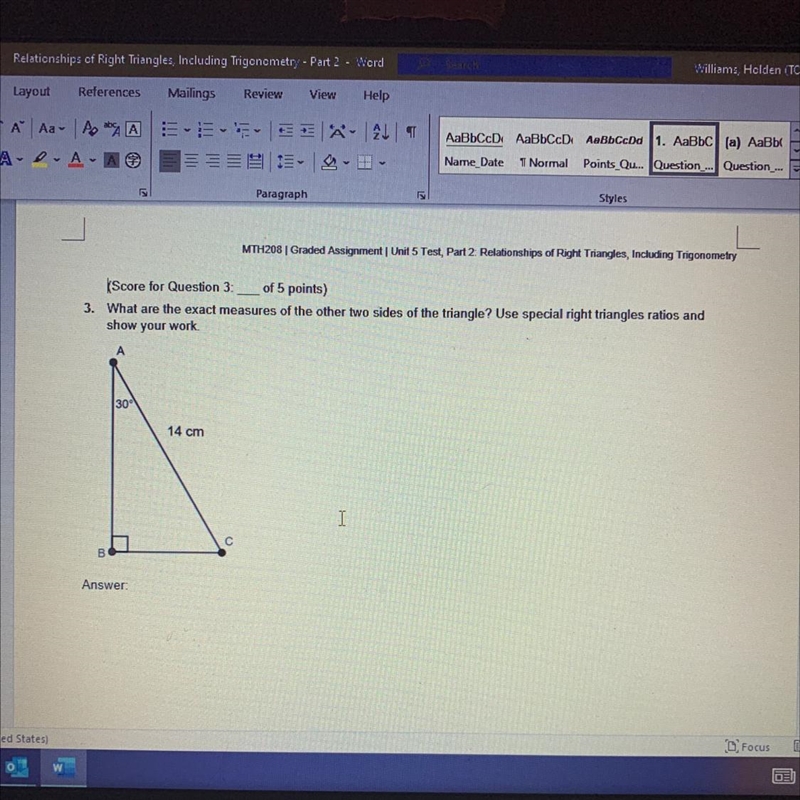 MTH208 Graded Assignment Unit 5 Test, Part 2. Relationships of Right Triangles, Including-example-1