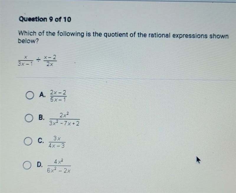 Which of the following is the quotient of the rational expression shown below? x/3x-example-1