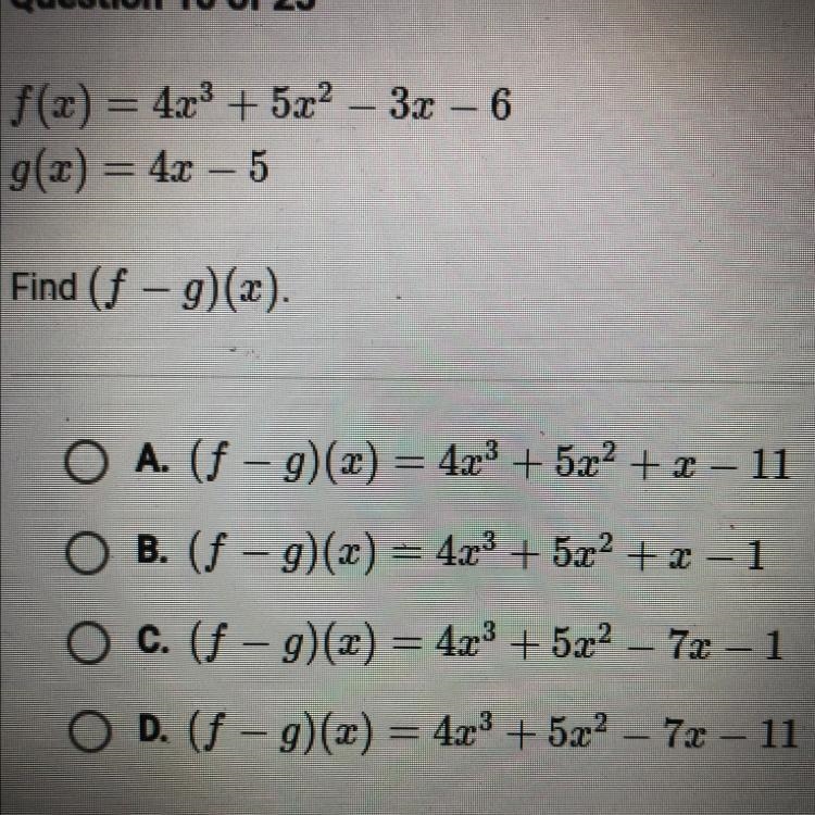 F(x)=4x^3+5x^2-3x-6 g(x)=4x-5 Find (f-g)(x).-example-1