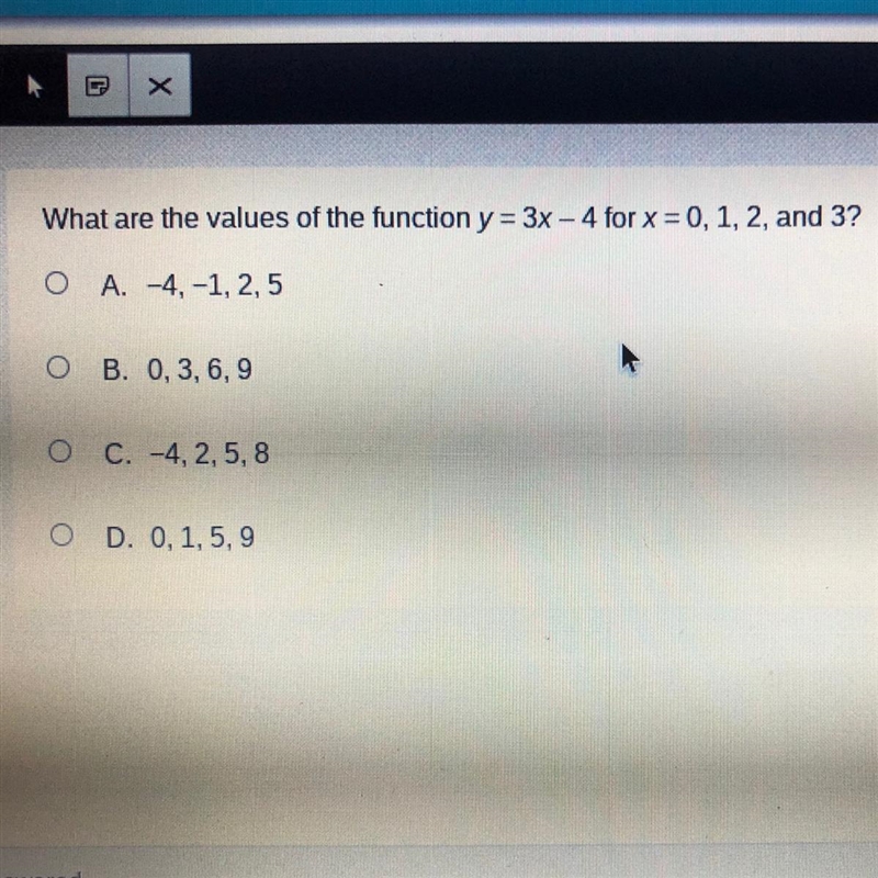 What are the values of the function y= 3x - 4 for x = 0,1,2, and 3?-example-1