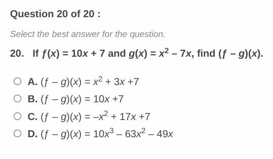 If f(x)=10x+7 and g(x)= x^2-7x, find (f-g)(x).-example-1