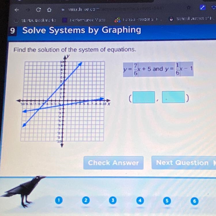 Find the solution of the system of equations. y=1 = -x + 5 and y = 1/6-1 PLEASE HELP-example-1