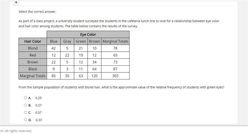 Select the correct answer. As part of a class project, a university student surveyed-example-1