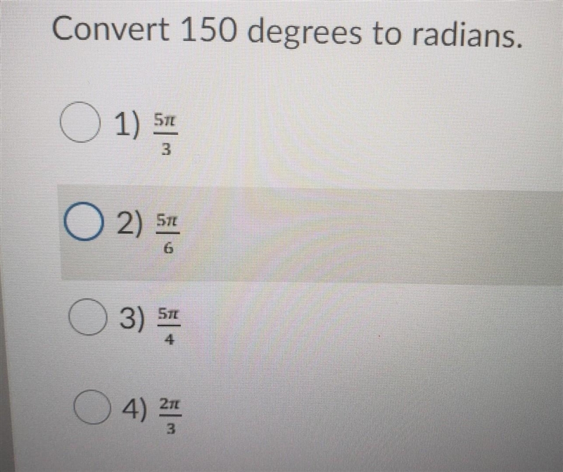 Convert 150 degrees to radians. ​-example-1