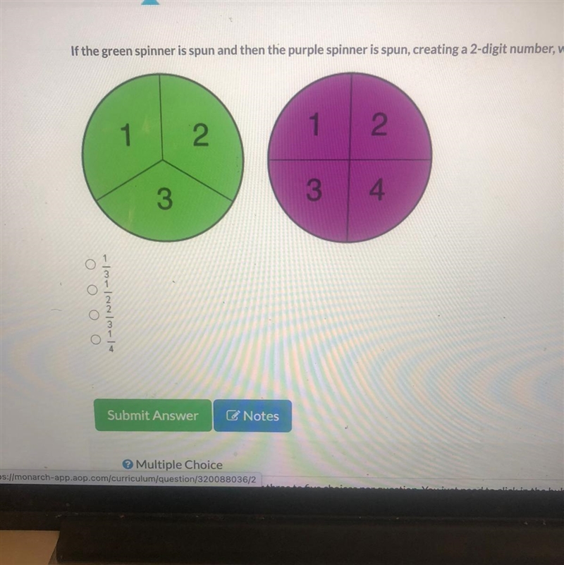 If the green spinner is spun and then the purple spinner is spun, creating a 2-digit-example-1