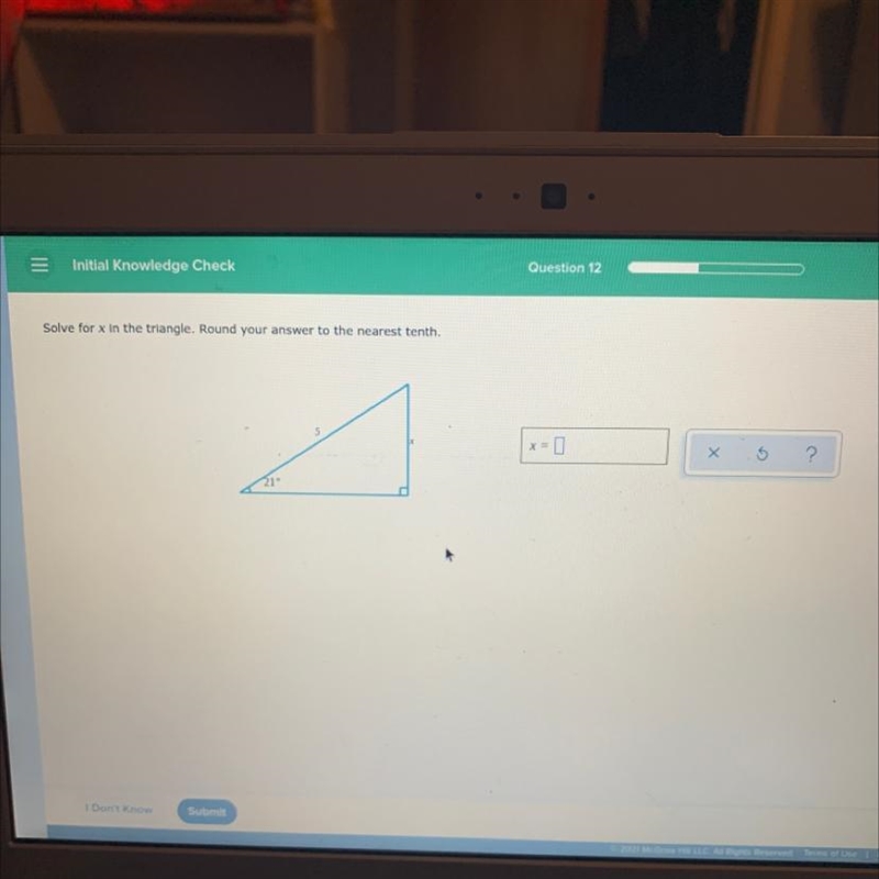 Solve for x in the triangle. Round your answer to the nearest tenth. x = 0 Х 5 21-example-1