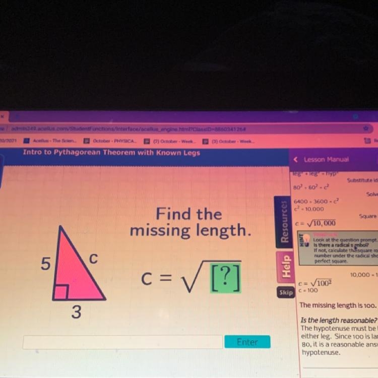 Intro to Pythagorean Theorem with Known Legs: Picture Above-example-1