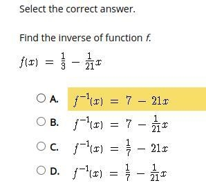 Find the inverse of function f. f(x)=1/3 - 1/21x-example-1