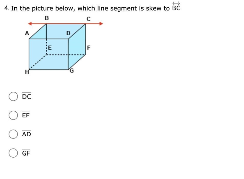 In the picture below, which line segment is skew to BC-example-1