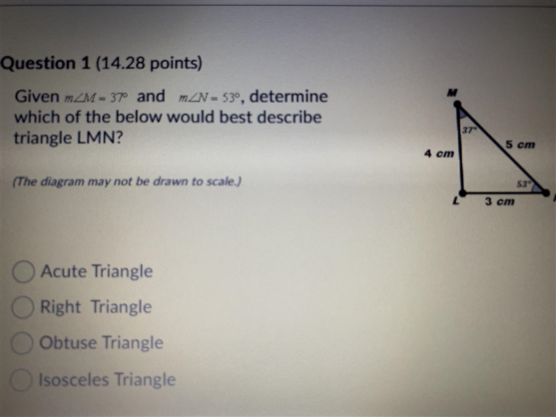 Given m A.) Acute Triangle B.) Right Triangle C.) Obtuse Triangle D.) Isosceles Triangle-example-1