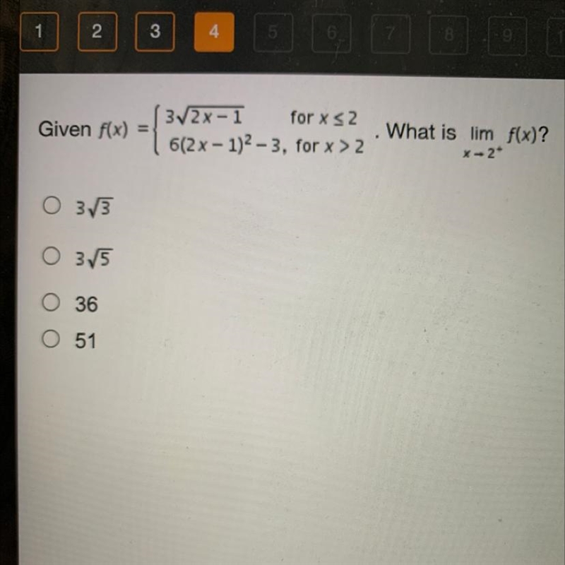 Given f(x) = 3sqrt(2x-1). 6(2x-1)^2-3 What is lim f(x)?-example-1