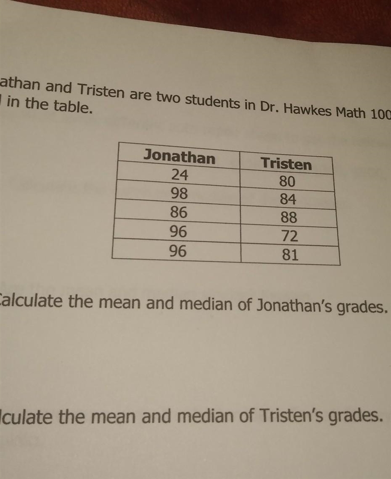 Its asking to calculate the mean and median of jonhathan grades and tristian grades-example-1