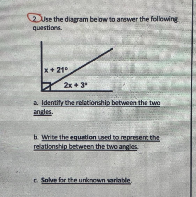 A. Identify the relationship between the two angles. b. Write the equation used to-example-1