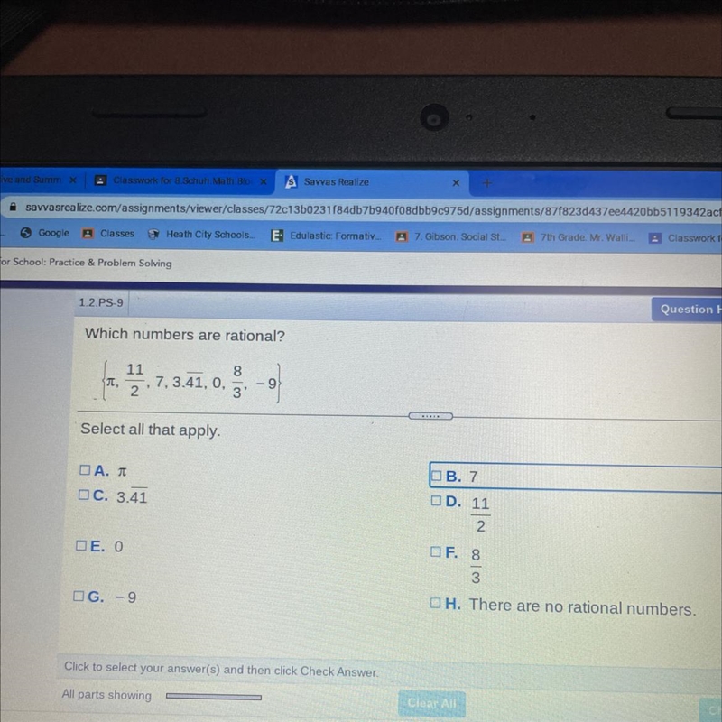 1.2.PS-9 Which numbers are rational? 8 11 7, 3.41, 0, 2 -9 3' Select all that apply-example-1