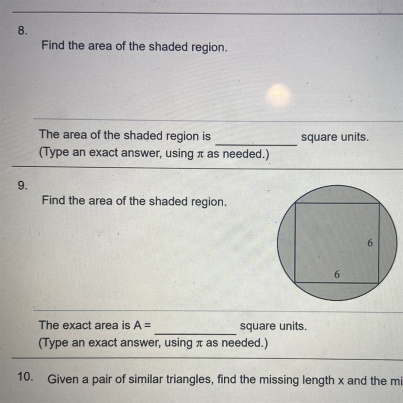 9. Find the area of the shaded region. 6 6 The exact area is A = square units.-example-1