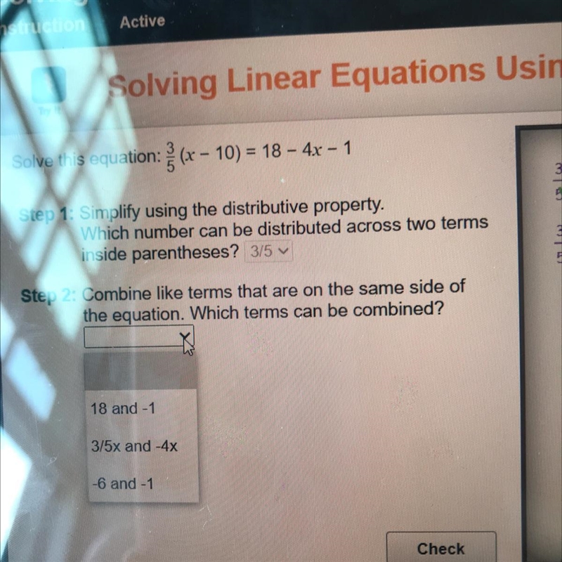 Which number can be distributed across two terms inside parentheses? 3/5 V X-6 18-4x-example-1