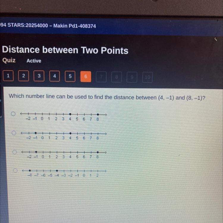 Which number line can be used to find the distance between (4, -1) and (8, -1)? O-example-1