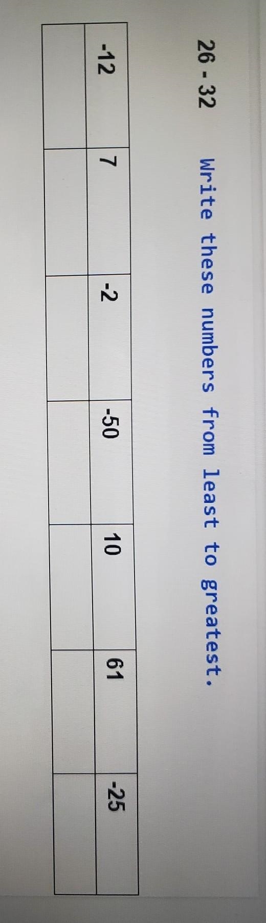 26 - 32 Write these numbers from least to greatest. -12 7 -2 -50 10 61 -25​-example-1