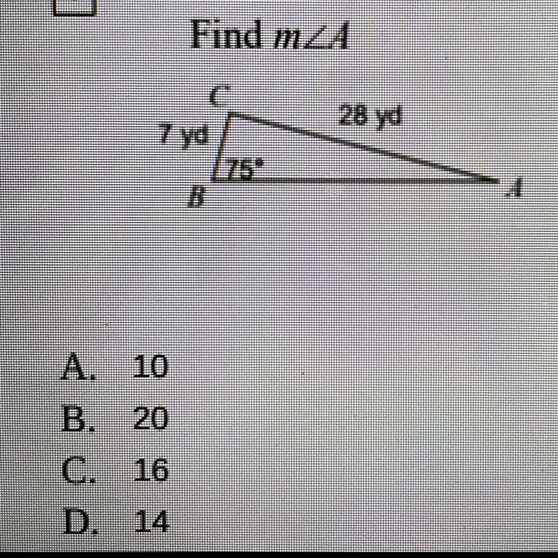 Find m angleA A. 10 B. 20 C. 16 D. 14-example-1