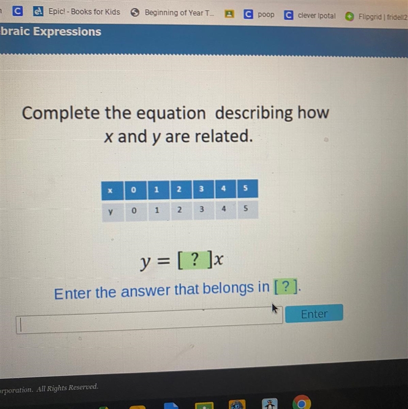 Complete the equation describing how x and y are related.-example-1