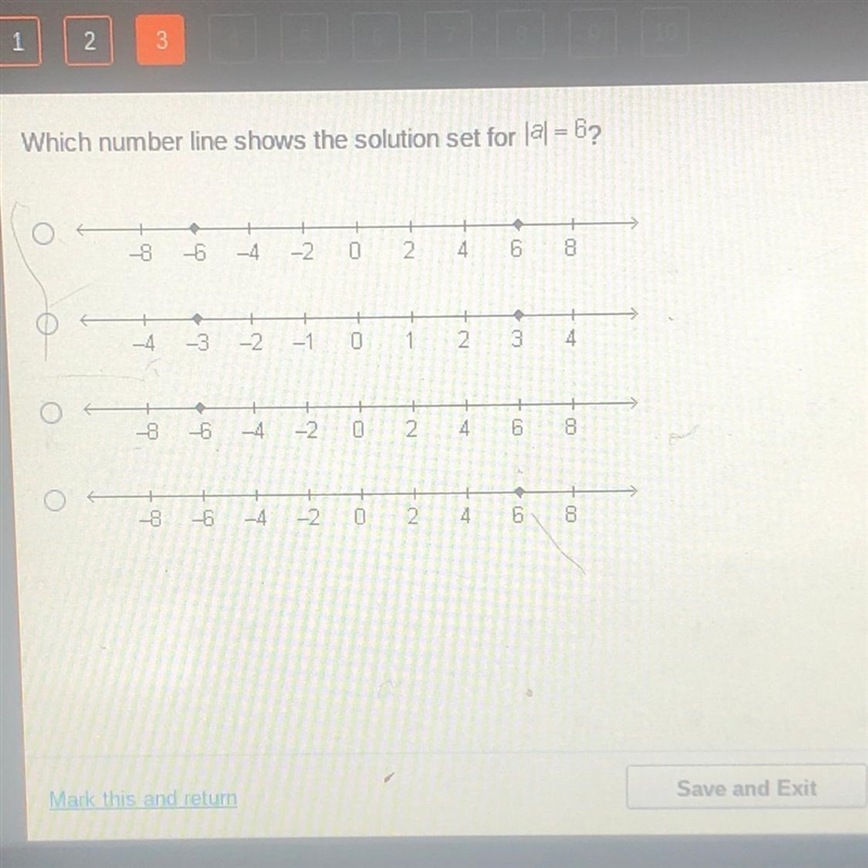 Which number line shows the solution set for |a|= 6-example-1