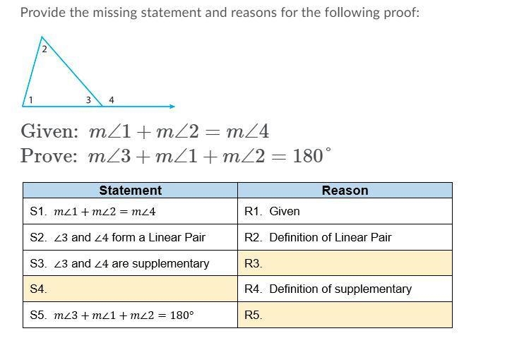 Fill in the missing statement and reasons for this proof Given m∠1+m∠2=m∠4 Prove: m-example-1