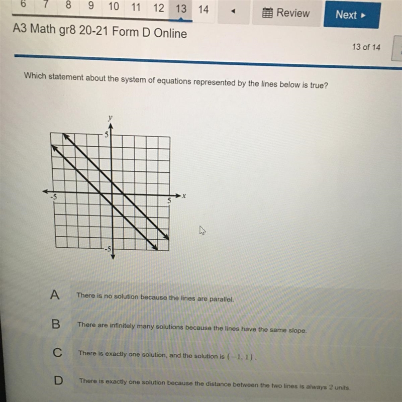 Which statement about the statement of equations represented by the lines below are-example-1