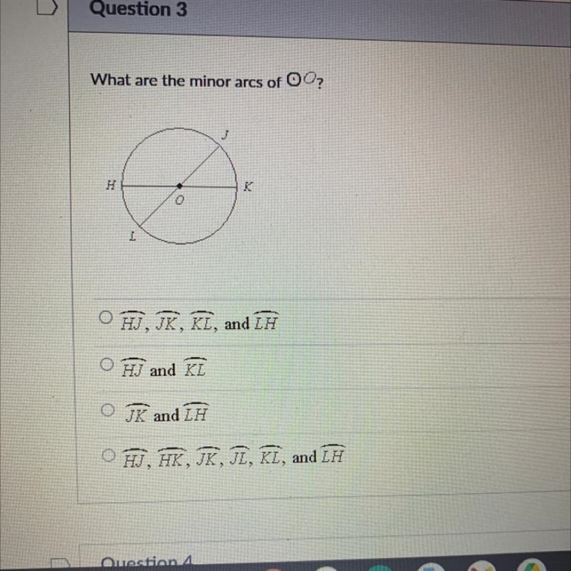 What are the minor arcs of OO? H L O J K-example-1