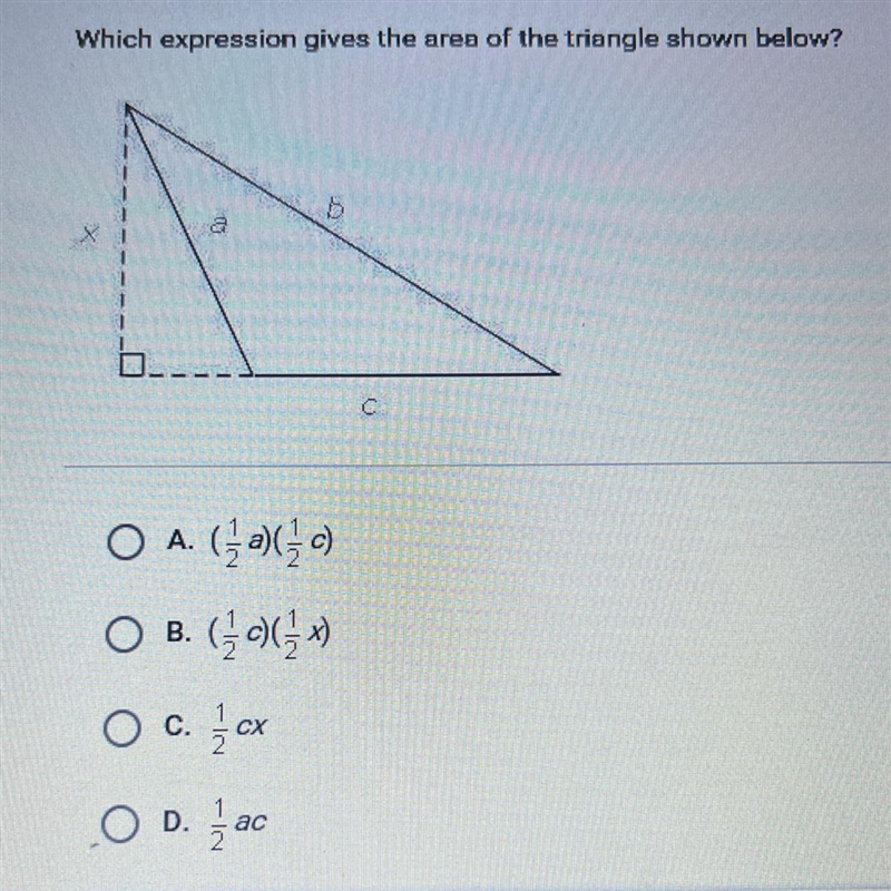 Which expression gives the area of the triangle shown below?-example-1