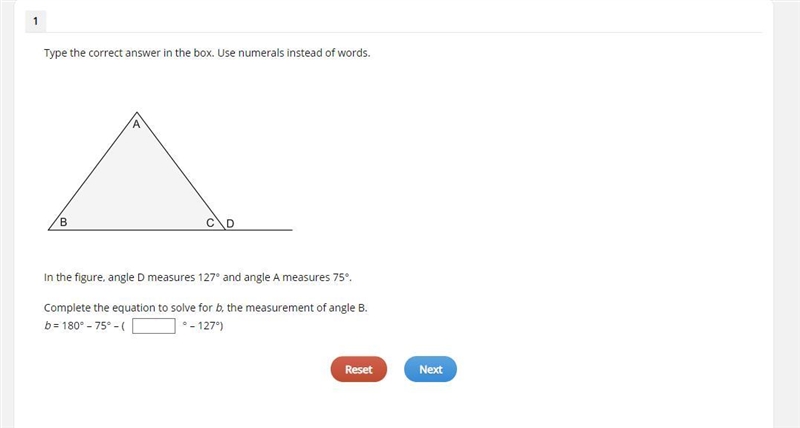 In the figure, angle D measures 127° and angle A measures 75°. Complete the equation-example-1